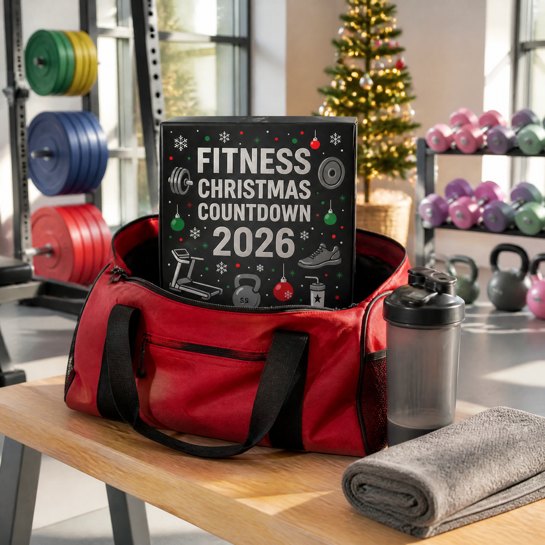 Gym advent calendar in a red gym bag at the gym