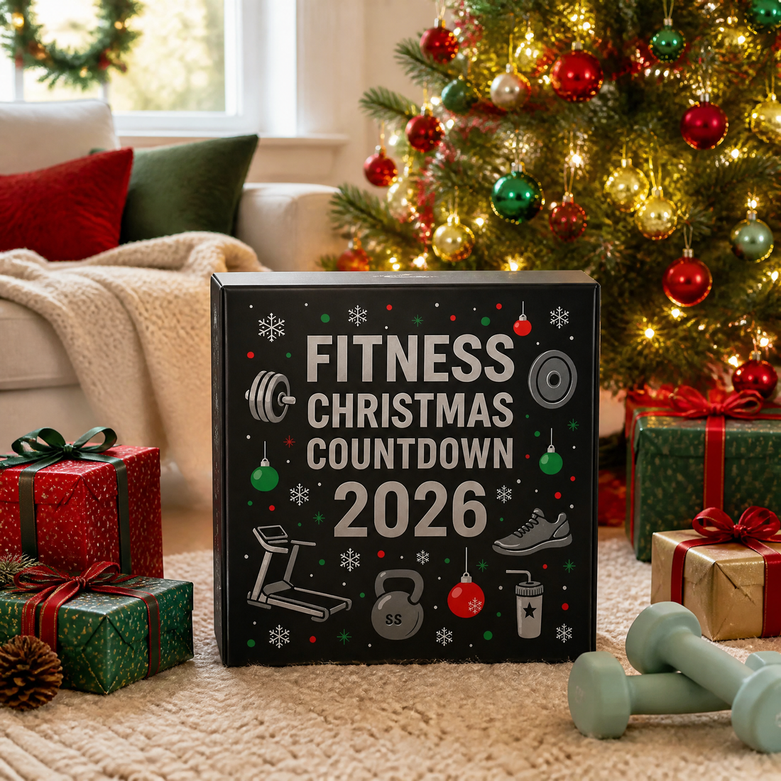 Gym advent calendar under a lit Christmas tree